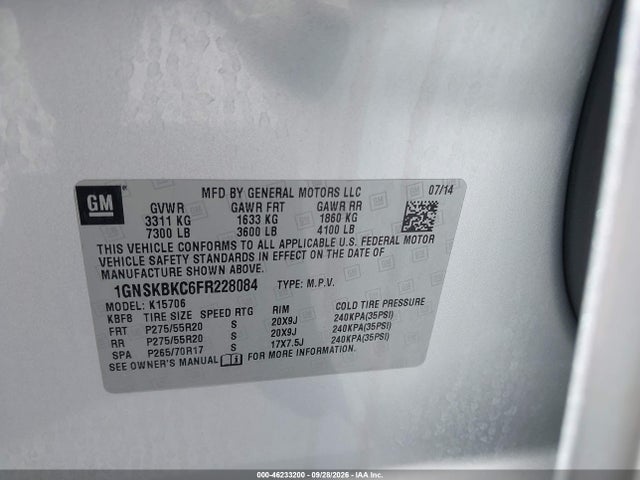 2015 Chevrolet Tahoe Lt მანქანა იყიდება აუქციონზე, vin: 1GNSKBKC6FR228084, აუქციონის ნომერი: 46233200