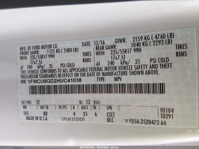 46233203 :رقم المزاد ، 1FMCU9GD2HUC41038 vin ، 2017 Ford Escape Se مزاد بيع