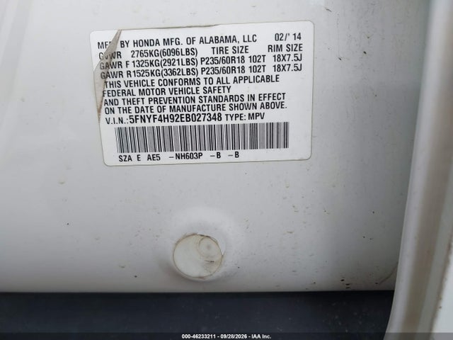 Продажа на аукционе авто 2014 Honda Pilot Touring, vin: 5FNYF4H92EB027348, номер лота: 46233211