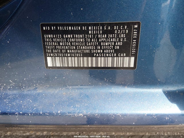 46233224 :رقم المزاد ، 3VWCB7BU1KM167853 vin ، 2019 Volkswagen Jetta 1.4t R-line/1.4t S/1.4t Se مزاد بيع