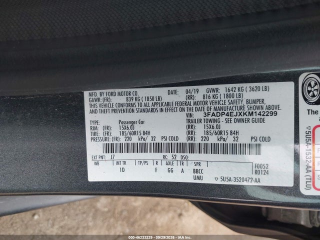 2019 Ford Fiesta Se მანქანა იყიდება აუქციონზე, vin: 3FADP4EJXKM142299, აუქციონის ნომერი: 46233229