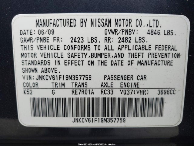 46233239 :رقم المزاد ، JNKCV61F19M357759 vin ، 2009 Infiniti G37x مزاد بيع