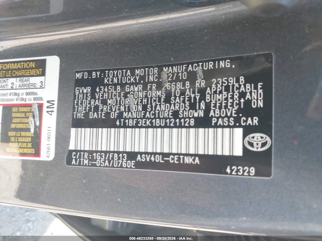 2011 Toyota Camry Le მანქანა იყიდება აუქციონზე, vin: 4T1BF3EK1BU121128, აუქციონის ნომერი: 46233268