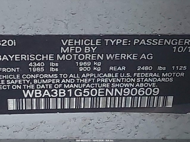 Aukcja sprzedaży 2014 Bmw 320i, vin: WBA3B1G50ENN90609, numer aukcji: 46233272