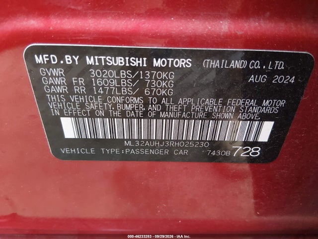 Aukcja sprzedaży 2024 Mitsubishi Mirage Es/le, vin: ML32AUHJ3RH025230, numer aukcji: 46233283