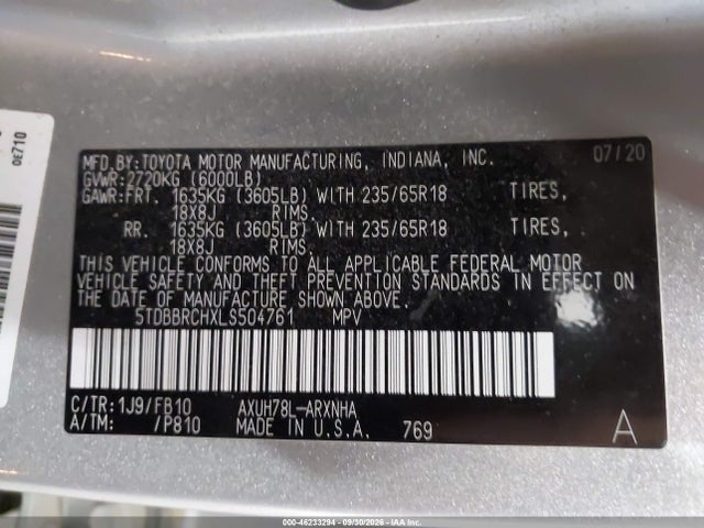 Aukcja sprzedaży 2020 Toyota Highlander Hybrid Le, vin: 5TDBBRCHXLS504761, numer aukcji: 46233294