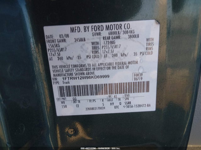 Aukcja sprzedaży 2008 Ford F-150, vin: 1FTRW12W98KD69999, numer aukcji: 46233296