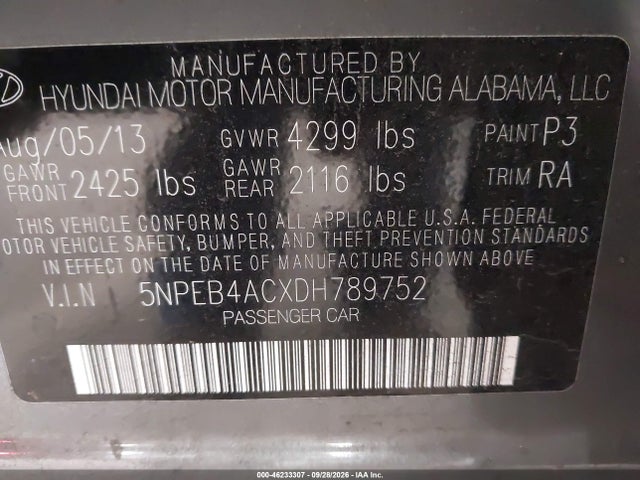 Продаж на аукціоні авто 2013 Hyundai Sonata Gls, vin: 5NPEB4ACXDH789752, номер лоту: 46233307