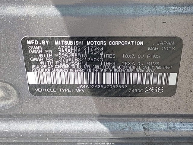 Продаж на аукціоні авто 2018 Mitsubishi Outlander Es, vin: JA4AD2A35JZ052552, номер лоту: 46233335