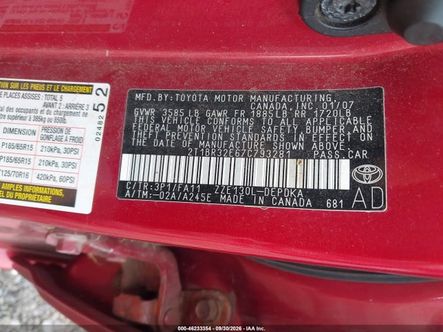 Aukcja sprzedaży 2007 Toyota Corolla Ce, vin: 2T1BR32E67C793281, numer aukcji: 46233354