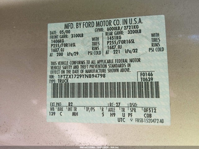 46233364 :رقم المزاد ، 1FTZX1729YNB94798 vin ، 2000 Ford F-150 Work Series/xl/xlt مزاد بيع