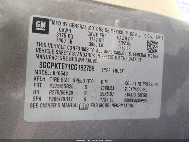 Aukcja sprzedaży 2012 Chevrolet Silverado 1500 Ltz, vin: 3GCPKTE71CG182758, numer aukcji: 46233385