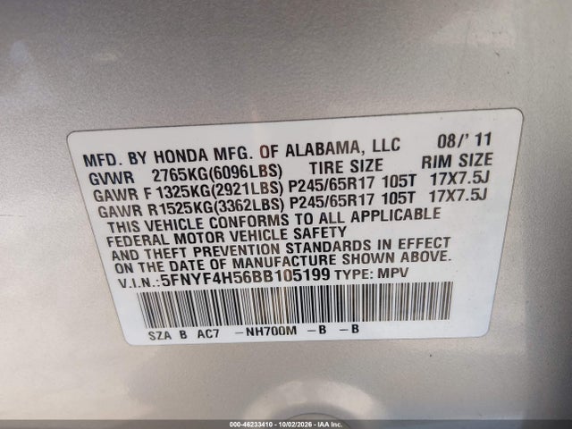 46233410 :رقم المزاد ، 5FNYF4H56BB105199 vin ، 2011 Honda Pilot Ex-l مزاد بيع