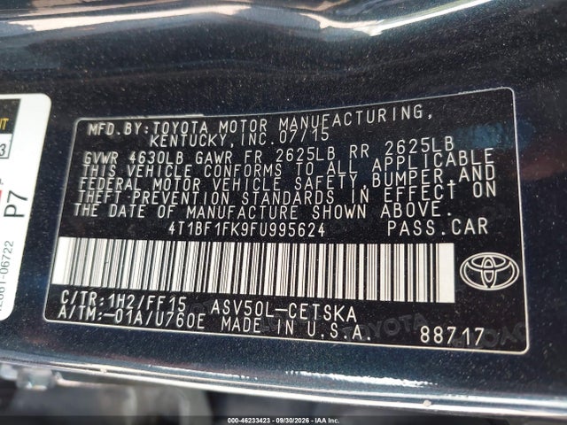 2015 Toyota Camry Se მანქანა იყიდება აუქციონზე, vin: 4T1BF1FK9FU995624, აუქციონის ნომერი: 46233423