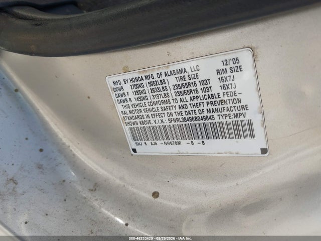 Продаж на аукціоні авто 2006 Honda Odyssey Ex, vin: 5FNRL38496B049845, номер лоту: 46233429