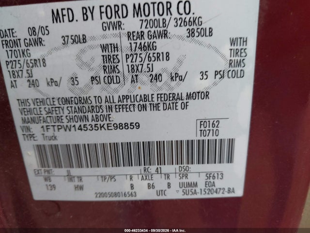 46233434 :رقم المزاد ، 1FTPW14535KE98859 vin ، 2005 Ford F-150 Fx4/lariat/xlt مزاد بيع