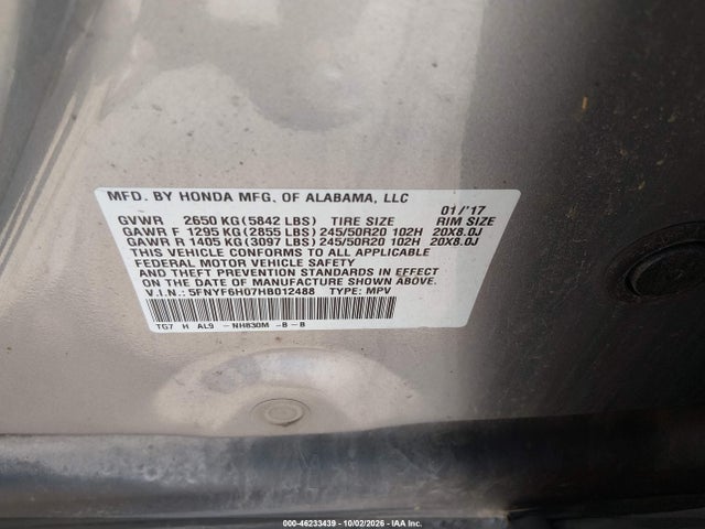 Honda Pilot Elite 2017 5FNYF6H07HB012488 Image 9