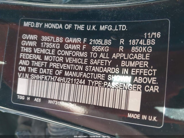 46233441 :رقم المزاد ، SHHFK7H74HU211244 vin ، 2017 Honda Civic Ex-l مزاد بيع