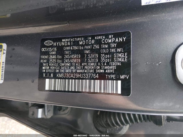 Aukcja sprzedaży 2017 Hyundai Tucson Limited, vin: KM8J3CA29HU337764, numer aukcji: 46233442