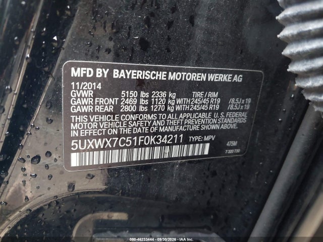 2015 Bmw X3 Xdrive35i მანქანა იყიდება აუქციონზე, vin: 5UXWX7C51F0K34211, აუქციონის ნომერი: 46233444