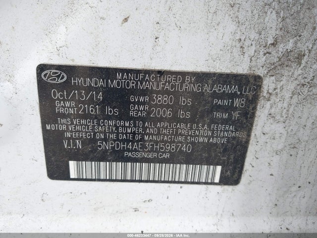 Aukcja sprzedaży 2015 Hyundai Elantra Limited, vin: 5NPDH4AE3FH598740, numer aukcji: 46233447