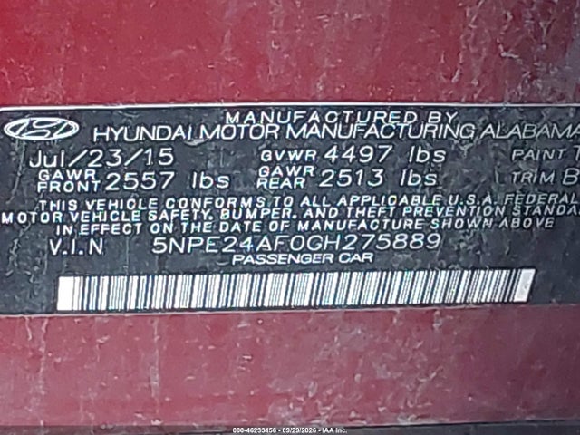Aukcja sprzedaży 2016 Hyundai Sonata Se, vin: 5NPE24AF0GH275889, numer aukcji: 46233456