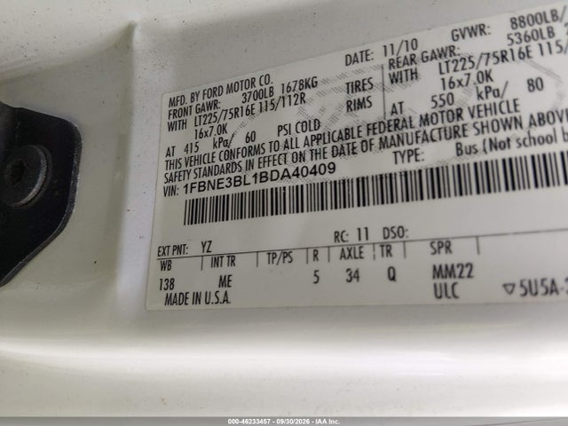 46233457 :رقم المزاد ، 1FBNE3BL1BDA40409 vin ، 2011 Ford E-350 Super Duty Xlt مزاد بيع