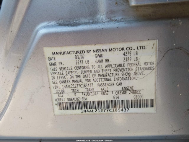 46233476 :رقم المزاد ، 1N4AL21E77C185437 vin ، 2007 Nissan Altima 2.5 S مزاد بيع