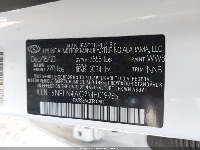 2021 Hyundai Elantra Sel მანქანა იყიდება აუქციონზე, vin: 5NPLN4AG2MH019935, აუქციონის ნომერი: 46233479