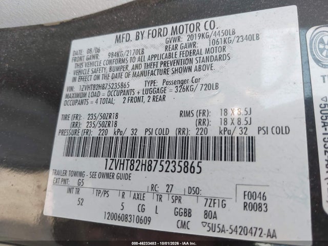 Aukcja sprzedaży 2007 Ford Mustang Gt Deluxe/gt Premium, vin: 1ZVHT82H875235865, numer aukcji: 46233483
