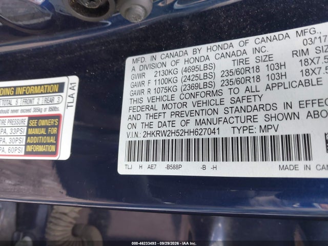 46233493 :رقم المزاد ، 2HKRW2H52HH627041 vin ، 2017 Honda Cr-v Ex مزاد بيع