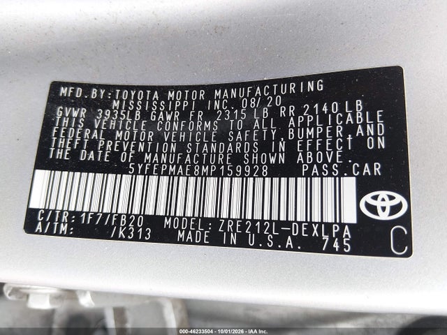 Toyota COROLLA LE 2021 5YFEPMAE8MP159928 Image 9