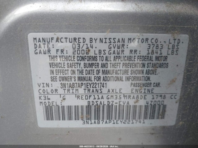 46233513 :رقم المزاد ، 3N1AB7AP1EY221741 vin ، 2014 Nissan Sentra Sv مزاد بيع