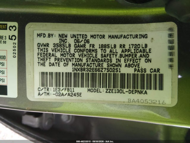 Aukcja sprzedaży 2006 Toyota Corolla Le, vin: 1NXBR32E66Z750251, numer aukcji: 46233515