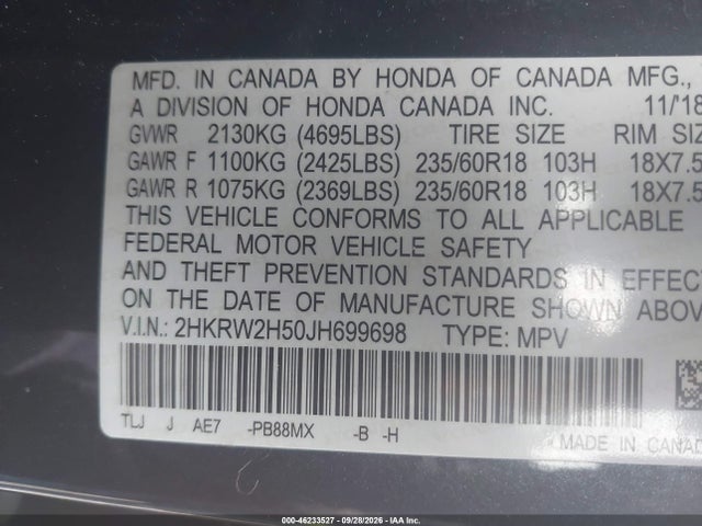 Honda CR-V EX 2018 2HKRW2H50JH699698 Image 9