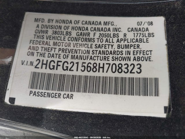 Aukcja sprzedaży 2008 Honda Civic Si, vin: 2HGFG21568H708323, numer aukcji: 46233543