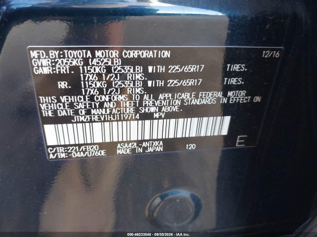 46233548 :رقم المزاد ، JTMZFREV1HJ119714 vin ، 2017 Toyota Rav4 Le مزاد بيع