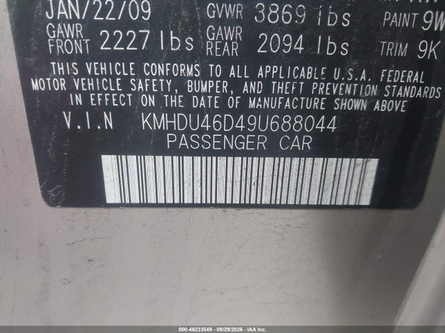 Aukcja sprzedaży 2009 Hyundai Elantra Gls, vin: KMHDU46D49U688044, numer aukcji: 46233549