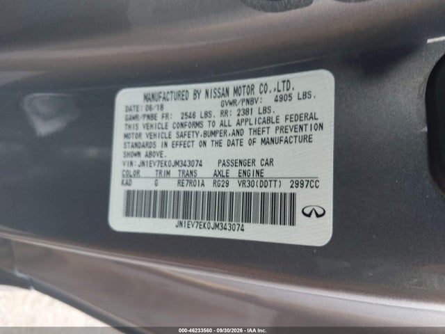 2018 Infiniti Q60 3.0t Luxe მანქანა იყიდება აუქციონზე, vin: JN1EV7EK0JM343074, აუქციონის ნომერი: 46233560