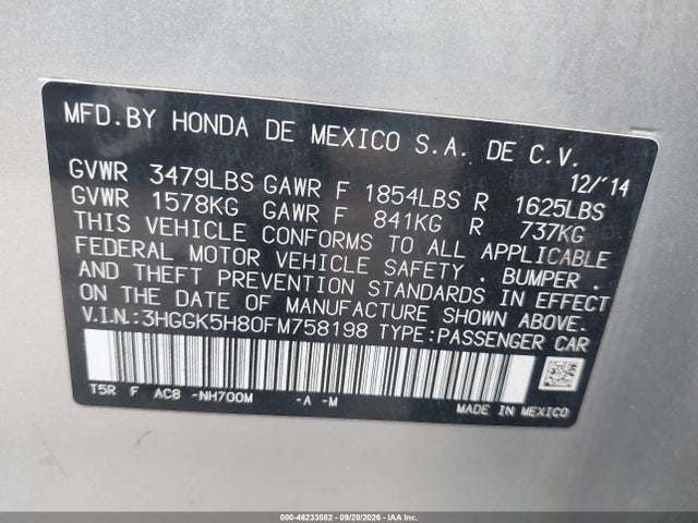 Продажа на аукционе авто 2015 Honda Fit Ex/ex-l, vin: 3HGGK5H80FM758198, номер лота: 46233582