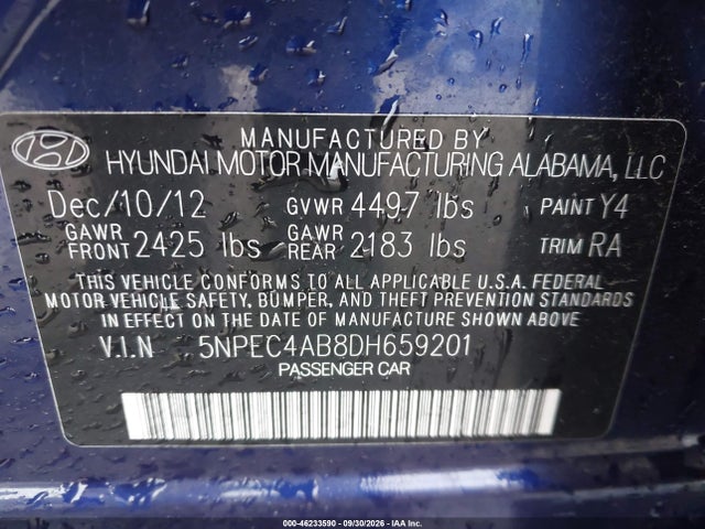 Продажа на аукционе авто 2013 Hyundai Sonata Limited 2.0t, vin: 5NPEC4AB8DH659201, номер лота: 46233590