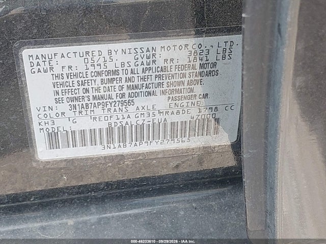 46233610 :رقم المزاد ، 3N1AB7AP9FY279565 vin ، 2015 Nissan Sentra S مزاد بيع