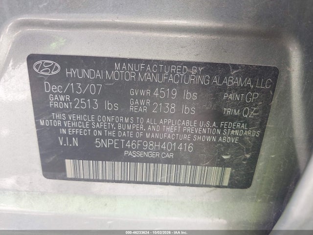 Продаж на аукціоні авто 2008 Hyundai Sonata Gls V6, vin: 5NPET46F98H401416, номер лоту: 46233624