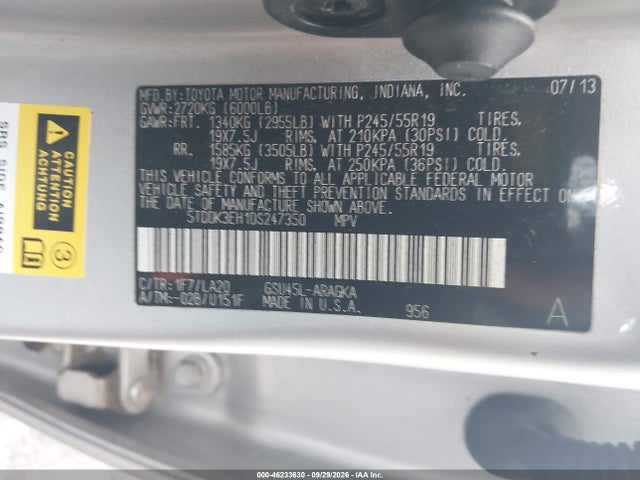 46233630 :رقم المزاد ، 5TDDK3EH1DS247350 vin ، 2013 Toyota Highlander Limited V6 مزاد بيع