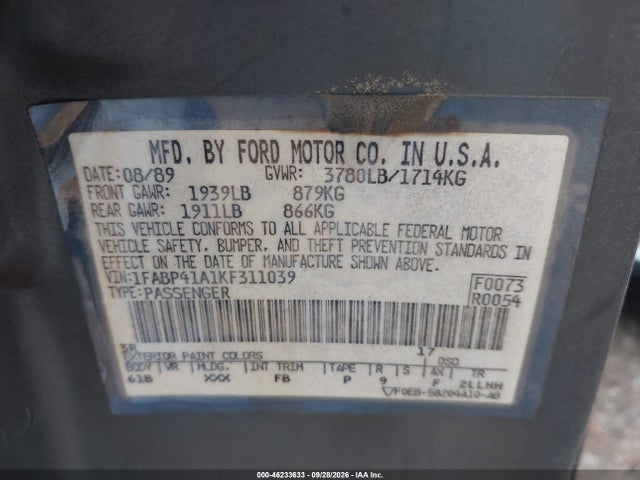 Продаж на аукціоні авто 1989 Ford Mustang Lx, vin: 1FABP41A1KF311039, номер лоту: 46233633