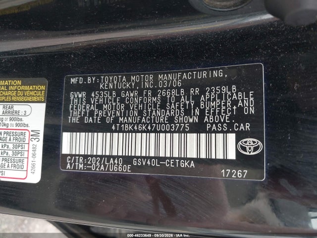 Aukcja sprzedaży 2007 Toyota Camry Xle V6, vin: 4T1BK46K47U003775, numer aukcji: 46233649
