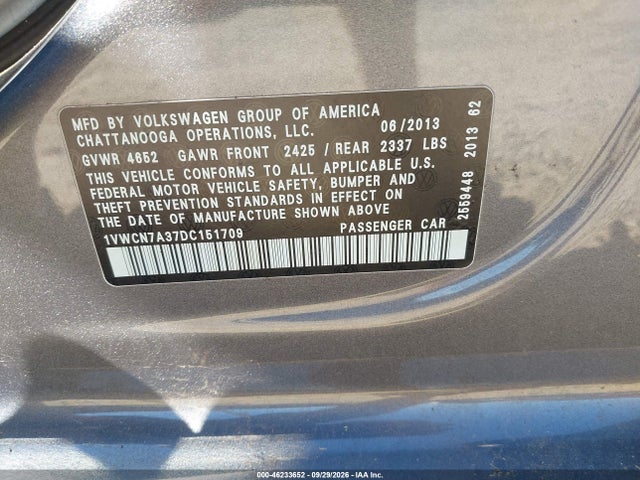 46233652 :رقم المزاد ، 1VWCN7A37DC151709 vin ، 2013 Volkswagen Passat 2.0l Tdi Sel Premium مزاد بيع