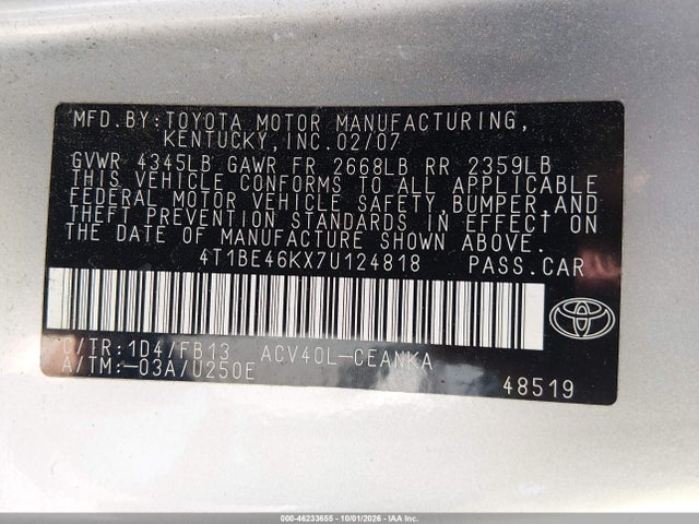 Aukcja sprzedaży 2007 Toyota Camry Le, vin: 4T1BE46KX7U124818, numer aukcji: 46233655
