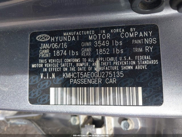 2016 Hyundai Accent Se მანქანა იყიდება აუქციონზე, vin: KMHCT5AE0GU275135, აუქციონის ნომერი: 46233657