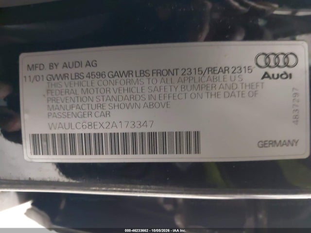 Продажа на аукционе авто 2002 Audi A4 1.8t, vin: WAULC68EX2A173347, номер лота: 46233662